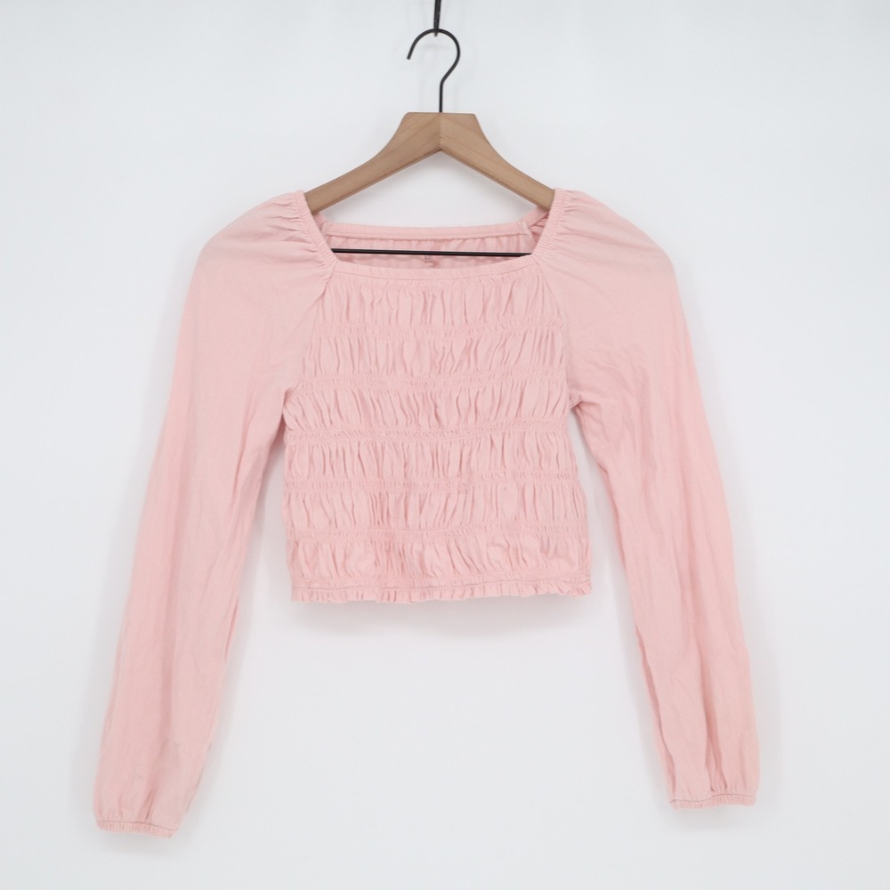 Gap Top Girls L 10 Smocked Square Neck Pink Long Sleeve Cotton Good